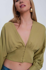 green deep v-neck puff sleeve blouse top