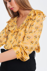 printed yellow button ruffled lightweight blouse