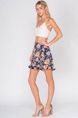 navy floral print ruffled mini skirt