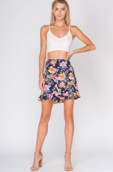 navy floral print ruffled mini skirt