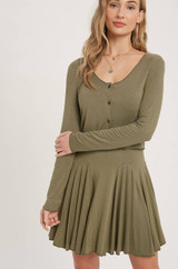 olive ruffled scoop neck cami dress and long sleeve button front cardigan set