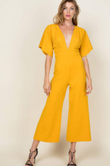 fly away sleeve v-neck stretch knit solid wide leg jumpsuit