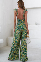 green floral print wide leg button-down jumpsuit