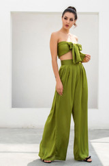 Satin Two piece tie front crop top and wide leg pants set