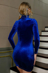 Blue velvet long sleeve turtle neck side ruched drawstring bodycon mini dress