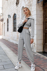 long sleeve collared crop top jogger two-piece pants set