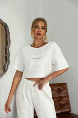 chico white lounge set with short sleeve crop top and relaxed cuffed pants