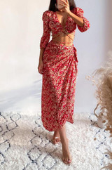 long sleeve v-neck lace-up floral boho two-piece dress