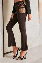 Brown side cut out tie flare pants