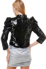 black sequin high neck long puff sleeve top