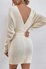 v-neck belted ribbed beige knitted wrap midi dress