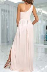 sleeveless ruched roman one shoulder maxi dress