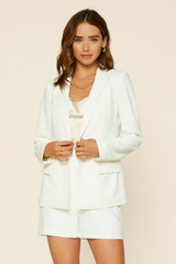 white collared open front long sleeve welt pocket blazer
