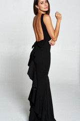 sleeveless crewneck open back ruffle bow maxi dress gown