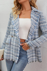 collared long sleeve fitted long blue plaid blazer