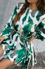 long puff sleeve crewneck belted abstract print skater dress