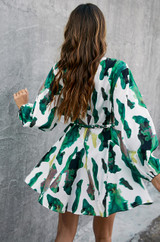 long puff sleeve crewneck belted abstract print skater dress