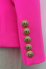 gold button double breasted blazer hot pink