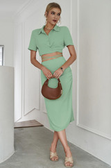 Mint collared short sleeve crop top midi skirt set
