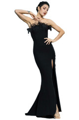 black feather strapless maxi dress