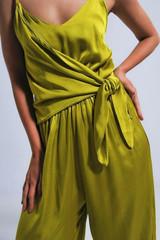 metallic lime green satin cami strap jumpsuit