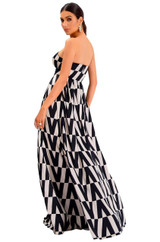 black and white print strapless maxi dress