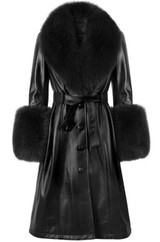 Faux Fur Collar Genuine Leather Trench Coat