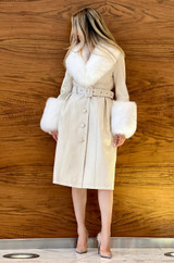 Faux Fur Collar Genuine Leather Trench Coat