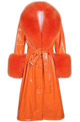 Faux Fur Collar Genuine Patent Leather Trench Coat