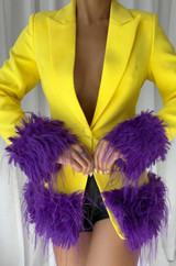 Zuri Purple Feather Trim Yellow Long Blazer