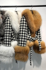 Sheri Fox Fur Houndstooth Tweed Belted Jacket