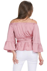 Pink Satin Off Shoulder Ruffle Sleeve Top