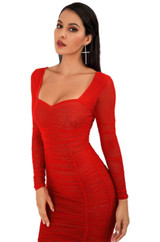 Square neckline midi length ruched bodycon dress with long sleeves