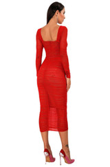 Square neckline midi length ruched bodycon dress with long sleeves