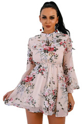 Floral open back cutout long sleeve mini dress