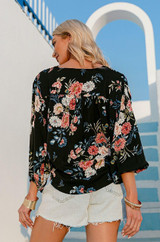 Black floral long sleeve drape front wrap v-neck loose blouse top