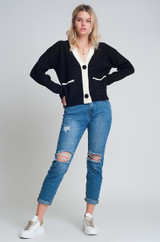 Q2 White Contrast Trim Black Knitted Cardigan