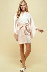 Drop shoulder oversized kimono sleeve mini dress length satin kimono with removable self tie detail