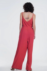 Red linen jumpsuit with buttons and elastic waist