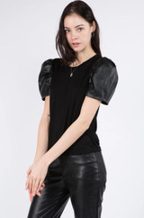 black faux leather short puff sleeve knit top