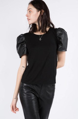 black faux leather short puff sleeve knit top
