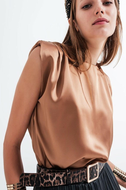 gold satin crewneck sleeveless shoulder pad blouse