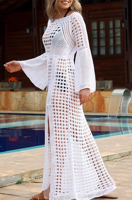 crewneck long sleeve side slit white crotchet maxi coverup