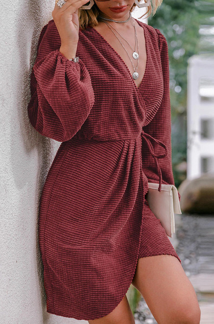 V-neck long sleeve corduroy wrap mini dress