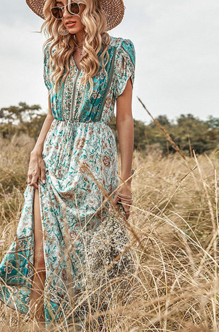 boho v-neck puff short sleeve maxi dress