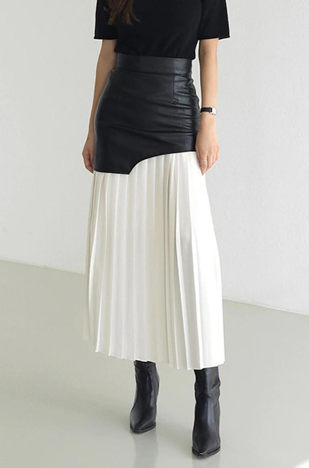 Annette Pleated Contrast Faux Leather Skirt