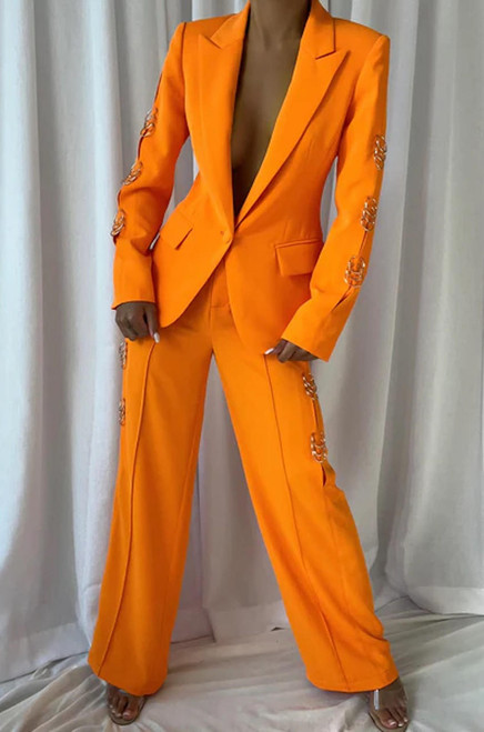 Orange Metal Chain Blazer Pants Set (Pantsuit)