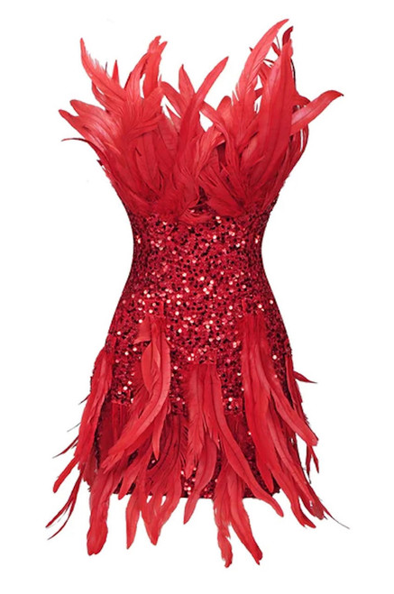 Red Strapless Sequin Feather Mini Dress
