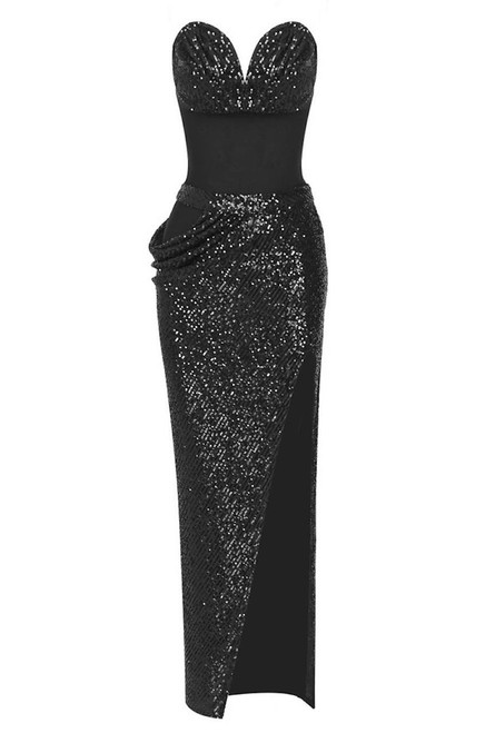 black Sequined Strapless Two-piece Gown