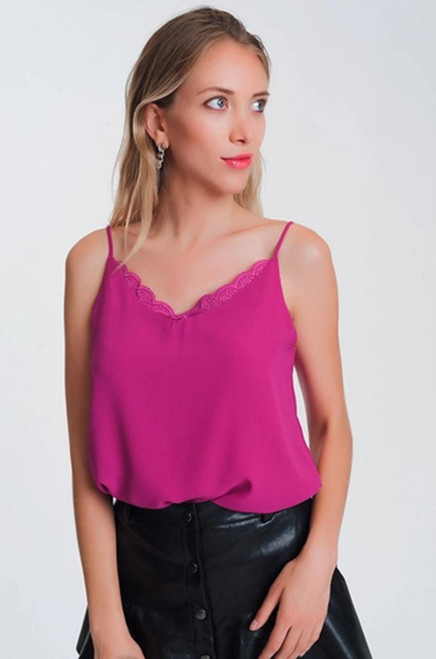 Q2 fuchsia Lace trim camisole, lace trim spaghetti strap camisole, lace trim cami top